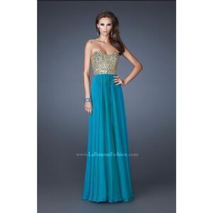 La Femme women’s strapless beaded gold and teal gown, sz 4 prom gala